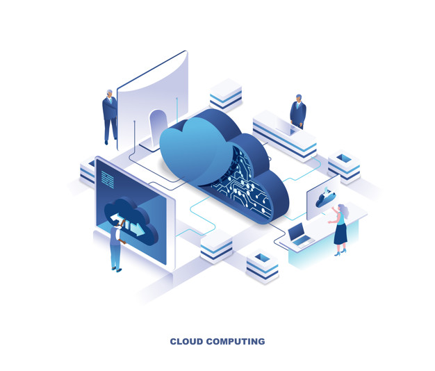 Cloud computing service isometric landing page. Concept of innovative technology for file storage, data center, database, storing digital information on internet. Vector illustration for website.
